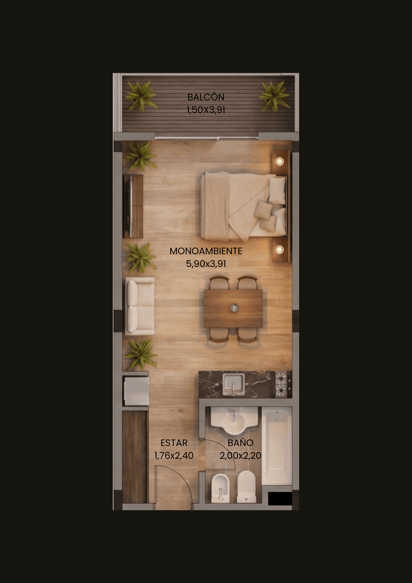Plano Monoambiente A · 40 m²